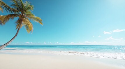 Fototapeta premium A vibrant and serene backdrop with lush palm trees swaying gently under a clear blue sky, overlooking a tranquil beach with soft waves rolling onto the shore