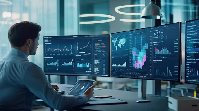 Business professional analyzing financial data on multiple screens in modern office, reviewing graphs, and charts on monitors and tablet.