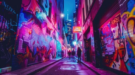 Obraz premium Neon Lit City Alleyway with Graffiti Art.