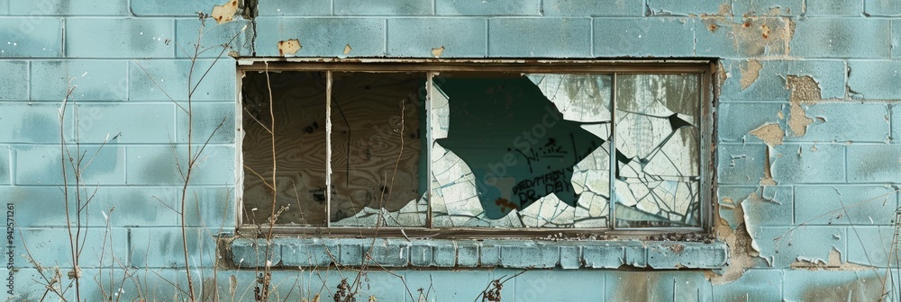 Poster stories of neglect and abandonment seen in a broken window of a deteriorating cinder block structure