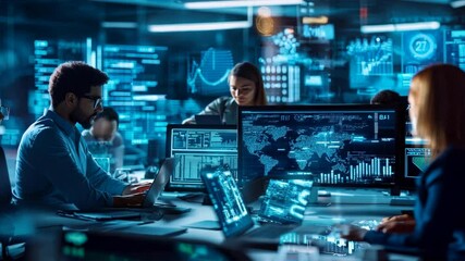 Team of professionals working on cybersecurity tasks in a high-tech control room with multiple screens and data displays.