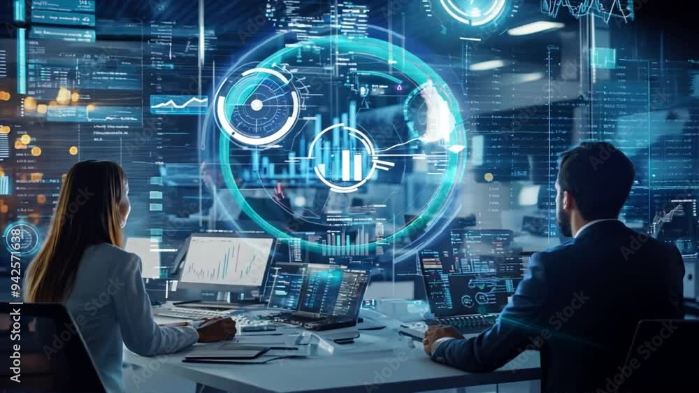 Poster two professionals in a futuristic office analyzing data on multiple screens, representing advanced t