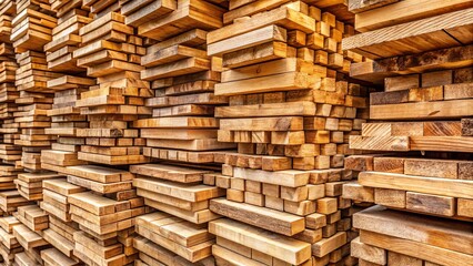 Abstract composition of wooden lumber in a stack, showcasing wood texture, natural materials, and woodworking