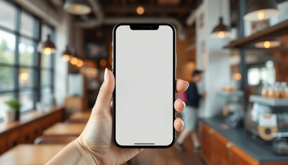 A Dynamic Mockup Of A Blank Phone , Capturing A Realistic Hand-held Perspective For Showcasing App Designs And Branding In A Casual Coffee Shop Setting