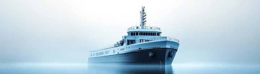 A large white ship floats on a calm sea, with a blue sky behind it.