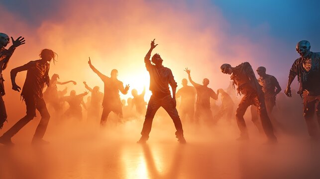A dark, foggy dance floor packed with zombies, their decayed faces illuminated by strobe lights zombie halloween party concept.