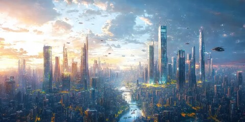 Fototapeta premium Futuristic Cityscape with Flying Vehicles and River
