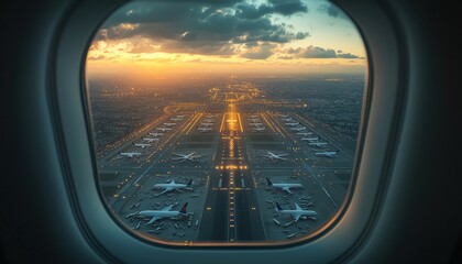 Fototapeta premium Stunning view from an airplane window during sunset, showcasing an airport runway with parked planes and vibrant sky colors.