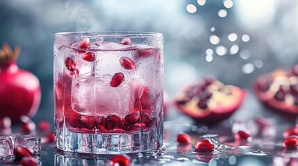 A refreshing glass of pomegranate juice with pomegranate seeds and ice cubes, condensation evident.