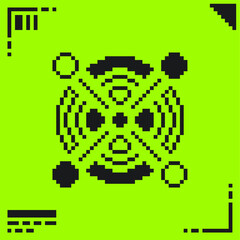 Fototapeta premium Pixel Art Black Cryptic Circle Line with Interface Border Frame, Lime Green Background