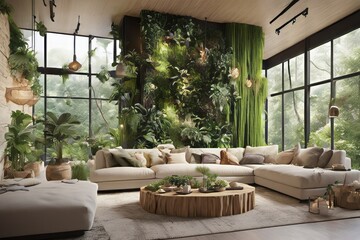 Fototapeta premium Modern living room with stylish furniture, including a sofa, table, and chairs, featuring contemporary design elements and a tropical plant