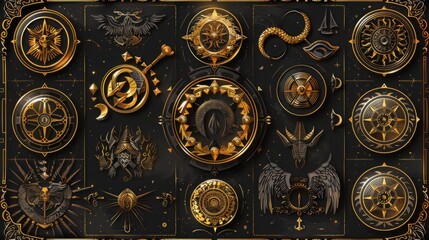 Naklejka premium Golden Compass Symbols Collection.