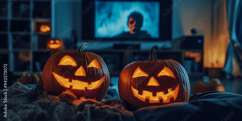 Wall mural glowing jack-o'-lanterns lighting up a dark room during a halloween movie night, with a classic horr