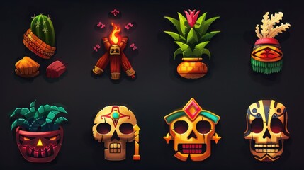 Fototapeta premium Cartoon Aztec-inspired skull, fire, cactus, mask and flower icons.