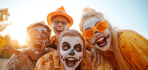 A group of zombie friends taking turns posing in a photo booth with Halloween props zombie halloween party concept.
