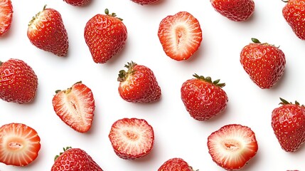 Red Ripe Strawberries and Halves on White Background