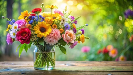 Colorful bouquet of various flowers in a glass vase, showcasing the beauty of nature