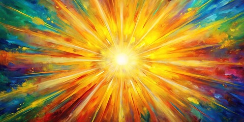 Obraz premium Colorful abstract sunburst painting with vibrant yellow sun at center, bursting rays of color in all directions