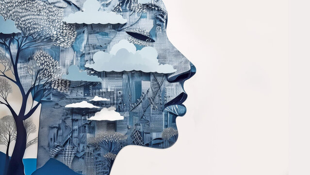 Mujer de perfil con nubes y collage, arte conceptual tarjeta de saludo