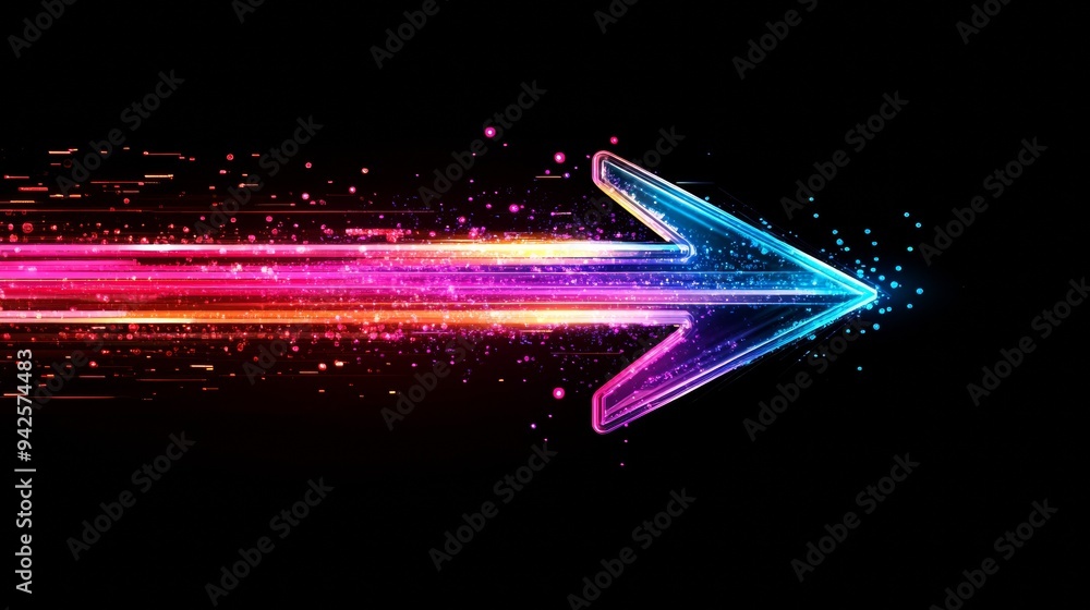 Poster Glowing colorful arrow pointing right on a black background, creating a dynamic sense of motion