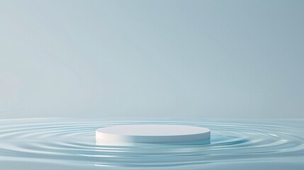 29. Minimalist product display, circular white platform, calm water surface with gentle concentric ripples, pale blue background, serene and tranquil atmosphere, clean design, 3D render, soft