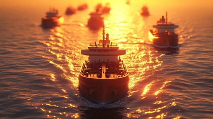 Fototapeta premium Fleet of cargo ships sailing at sunset.