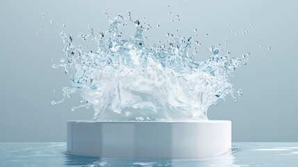 31. White cylindrical podium, transparent water splash, dynamic liquid wave, clear glass-like texture, light blue background, minimalist product display, high-speed photography, clean aesthetic,