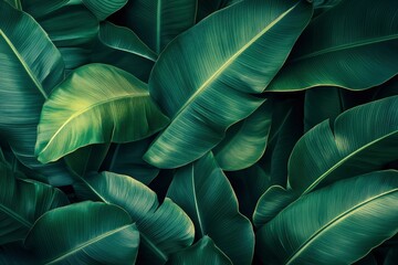 Obraz premium Abstract bold green leaves texture background, elegant tropical banana leaf details, nature wallpaper, vintage tone, deep shading, foliage, ecology concept, dark moody feel. refined, elegance. , ai