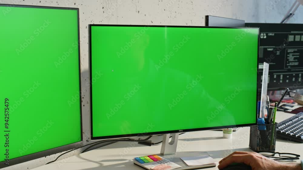 Poster two mockup monitors placed at light office table zoom out. man working computer
