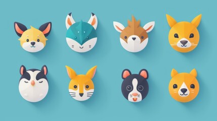 Fototapeta premium Cute animal faces set with vibrant colors and flat design.