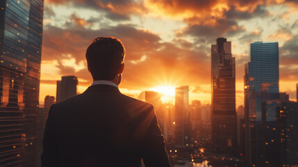 Fototapeta premium Back view of an executive man wearing a suit looking at the city skyline with skyscrapers during sunset with a dramatic sky, successful businessman concept background