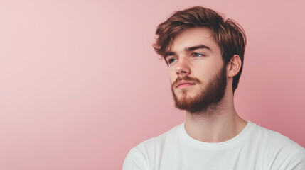 Obraz premium Portrait of a jaded young caucasian man isolated on pink background with copy space