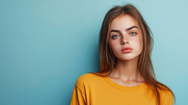 Portrait of a jaded young caucasian woman isolated on blue background with copy space
