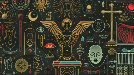 Abstract Mystical Pattern with Geometric Shapes and Symbols.