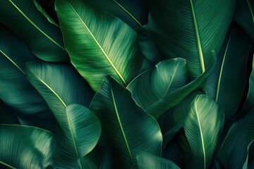 Obraz premium Abstract bold green leaves texture background, elegant tropical banana leaf details, nature wallpaper, vintage tone, deep shading, foliage, ecology concept, dark moody feel. refined, elegance. , ai