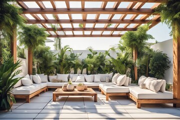 Fototapeta premium Tropical resort with lounge chairs, tables, and outdoor furniture in a luxury setting and green plants