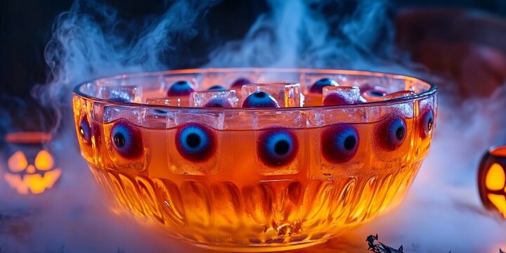 a Halloween punch bowl with floating eyeball ice cubes, eerie mist swirling around, and glowing rim, set against a spooky backdrop