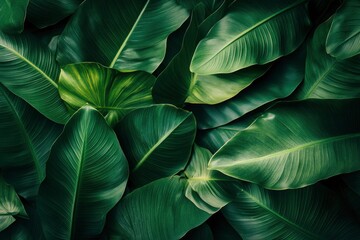 Abstract bold green leaves texture background, elegant tropical banana leaf details, nature wallpaper, vintage tone, deep shading, foliage, ecology concept, dark moody feel. refined, elegance. , ai