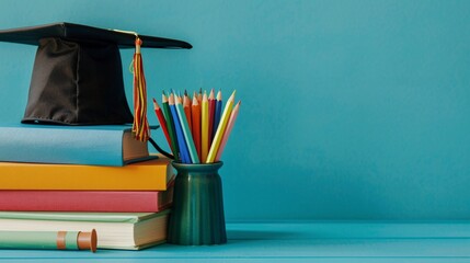Fototapeta premium 92. A close-up view of a graduation cap and a diploma scroll resting on a stack of books, with a pencil case filled with colorful pencils beside them, set on a bright blue background, representing