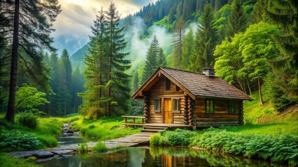 Remote cabin surrounded by lush greenery and peaceful nature