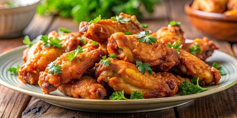 Close up of a plate of crispy chicken wings garnished with parsley, perfect appetizer for dinner