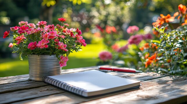 A creative outdoor workspace in a backyard garden, with a notebook, a pen, and flowers in bloom, capturing a calm and inspiring environment