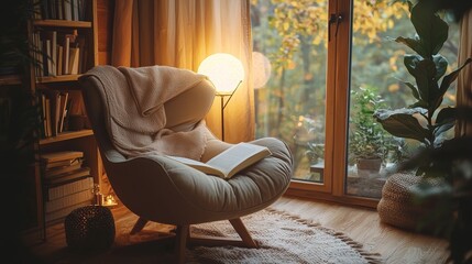 A cozy reading nook with a comfortable chair, a book, and soft lighting, perfect for a relaxing work-from-home session