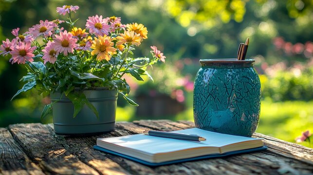 A creative outdoor workspace in a backyard garden, with a notebook, a pen, and flowers in bloom, capturing a calm and inspiring environment