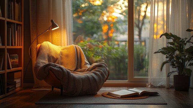 A cozy reading nook with a comfortable chair, a book, and soft lighting, perfect for a relaxing work-from-home session