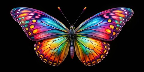 Vibrant butterfly with colorful wings contrasting against a black background in nature