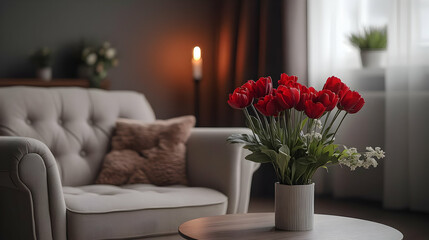 Red tulips in a white vase on a table next to a grey sofa in a living room.
