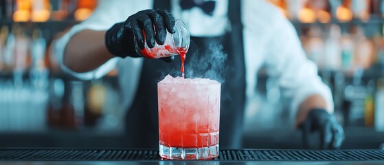 A zombie bartender pouring a bloodred cocktail, with fog swirling around the bar zombie halloween party concept.