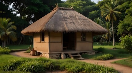 Thatched roof hut in a rural area.generative.ai