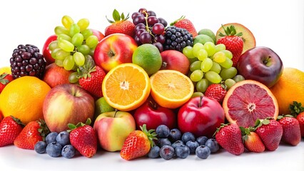 Assorted fresh fruits isolated on white background, featuring a colorful and vibrant assortment of healthy and organic ripe fruits such as apples, oranges, berries, and grapes